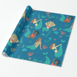 multi racial mermaids pattern print wrapping paper