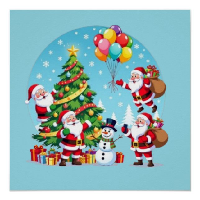 **“Multi-Santa Christmas Fun – 3D Cartoon Transpar Poster (Front)