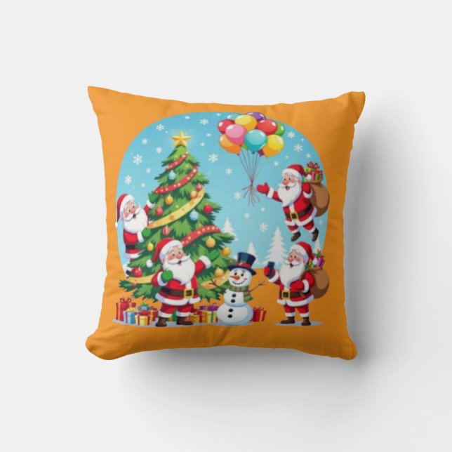 **“Multi-Santa Christmas Fun – 3D Cartoon Transpar Throw Pillow (Front)