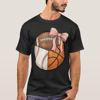 Multi Sport Ball Pink Bow Baseball Football T-Shirt