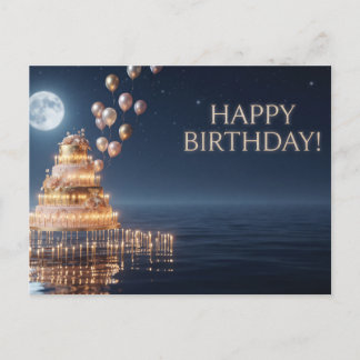 Multi-Tier Birthday Cake with Balloons and Candles Holiday Postcard