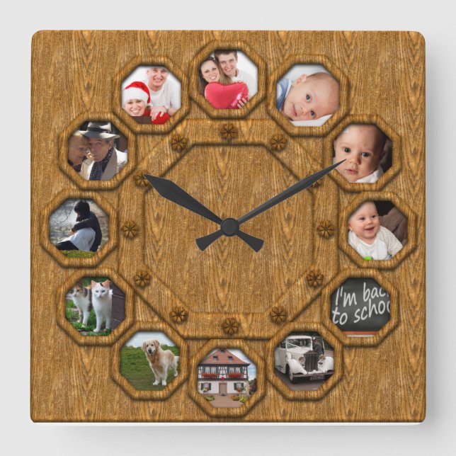 Multi Wood Photo Frame Square Wall Clock (Front)