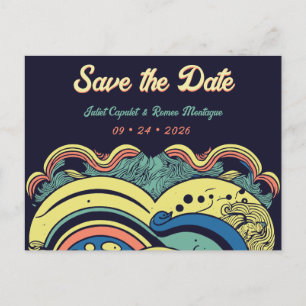 Multicolor 70's groovy psychedelic save the date postcard