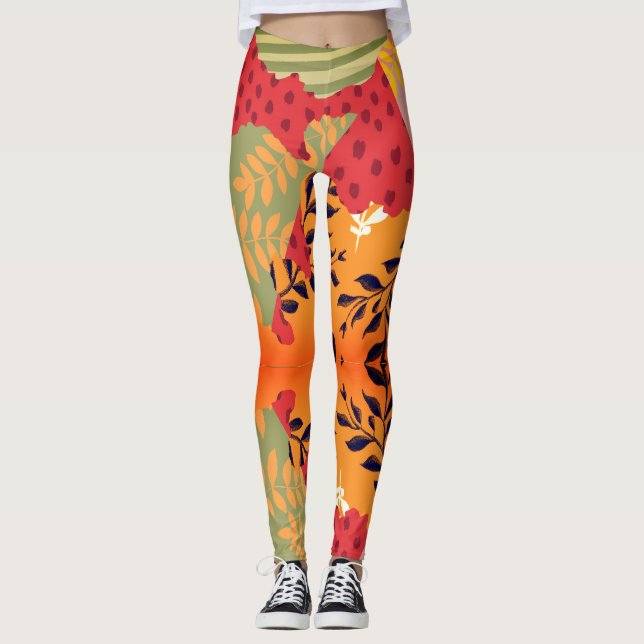 Multicolor abstract floral collage art leggings (Front)