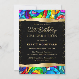 Multicolor and Gold Stained Glass 21st Birthday Invitation