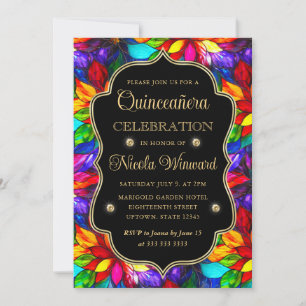 Multicolor and Gold Stained Glass Quinceanera Invitation