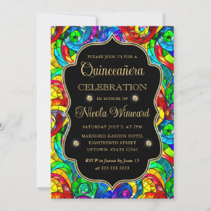 Multicolor and Gold Stained Glass Quinceanera Invitation