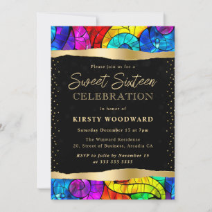 Multicolor and Gold Stained Glass Sweet 16 Invitation