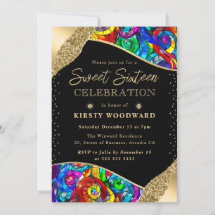 Multicolor and Gold Stained Glass Sweet Sixteen Invitation