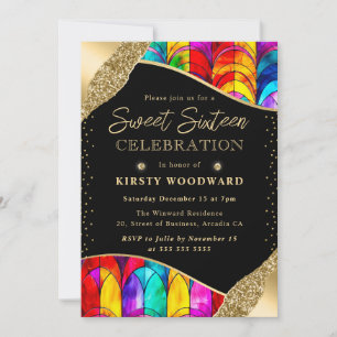 Multicolor and Gold Stained Glass Sweet Sixteen Invitation