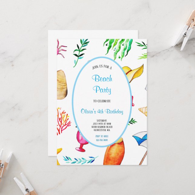 MULTICOLOR BEACH BIRTHDAY PARTY INVITATION  (Front/Back In Situ)