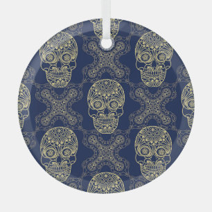 Multicolor Boho Skull Pattern. Glass Ornament