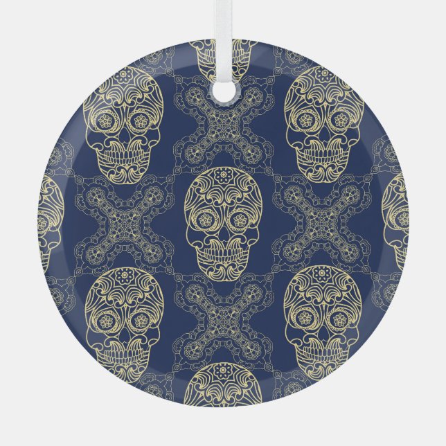 Multicolor Boho Skull Pattern. Glass Ornament (Front)