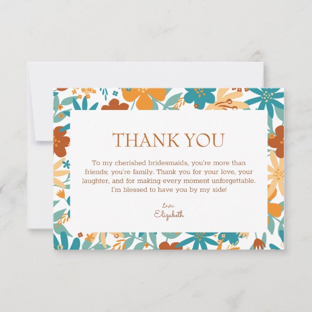 Multicolor Bright Retro Chic Bridesmaid Heartful Thank You Card (Front)