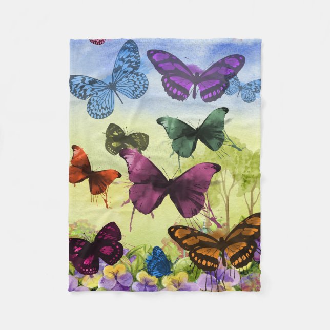 Multicolor Butterfly Watercolor Painting Fleece Blanket (Front)