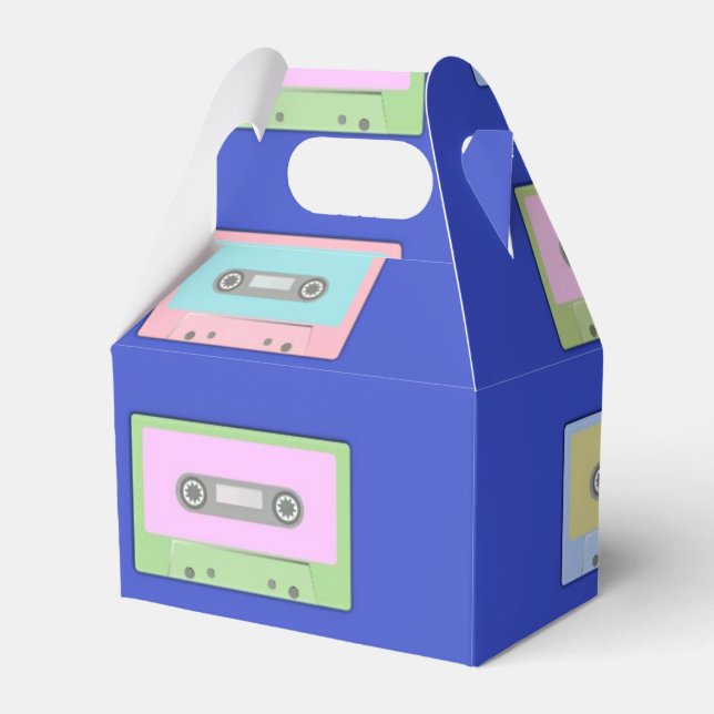 Multicolor cassette tapes on blue favor box (Front Side)