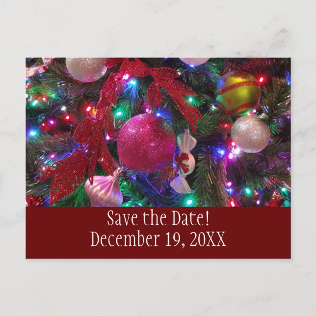Multicolor Christmas Tree Colourful Save the Date Announcement Postcard (Front)