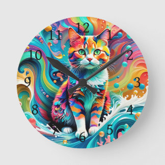 Multicolor Colourful Cat 759 Water Wave  Round Clock