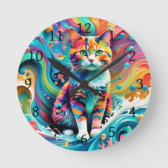 Multicolor Colourful Cat 759 Water Wave  Round Clock (Front)