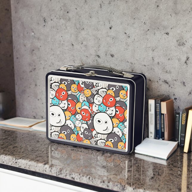 Multicolor Doodle Monster Faces Metal Lunch Box (Lunchbox )