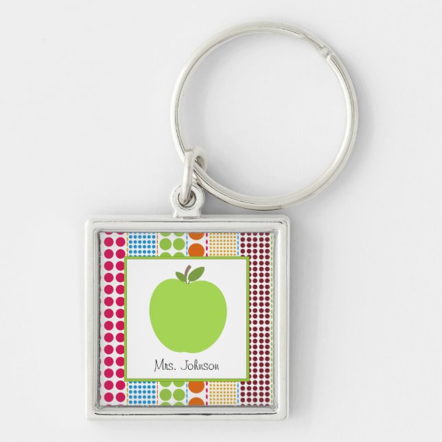 Multicolor Dots Green Apple Personalized Teacher Keychain (Front)