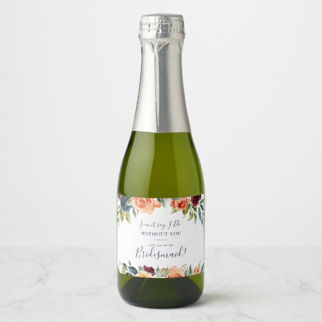 Multicolor Elegant Floral Bridesmaid Proposal  Sparkling Wine Label (Front)