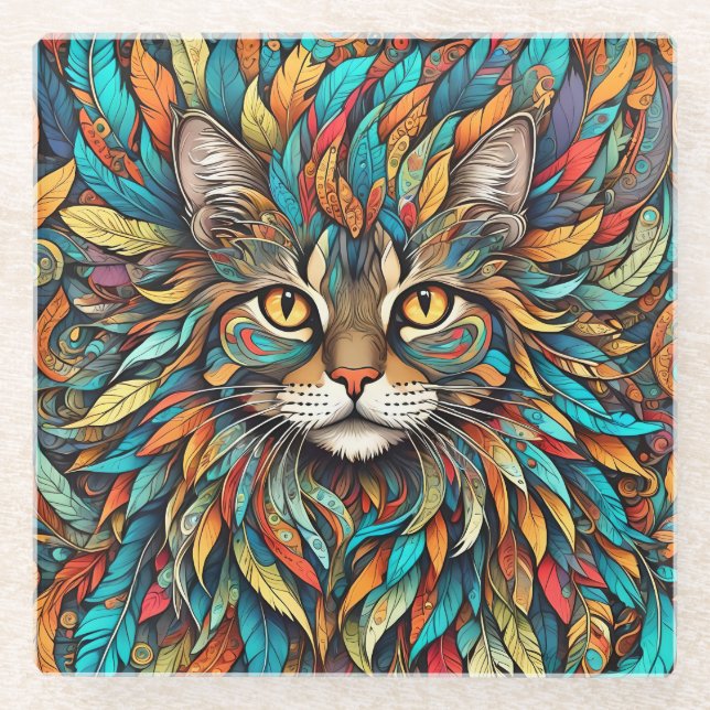 Multicolor Feathers Cat 737 Glass Coaster (Front)