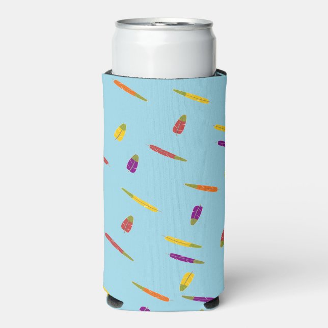 Multicolor feathers pattern on blue seltzer can cooler (Seltzer Front)