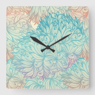 Multicolor Floral Doodle Pattern Square Wall Clock