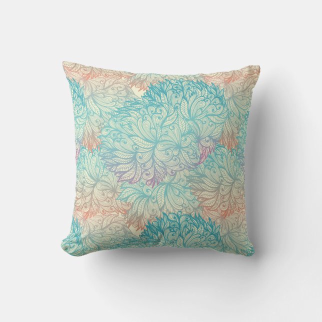 Multicolor Floral Doodle Pattern Throw Pillow (Front)