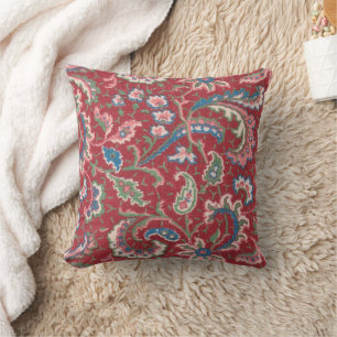 Multicolor Floral on Dark Red Throw Pillow