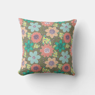 Multicolor flower pattern soft green backdrop throw pillow
