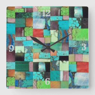 Multicolor Gemstone Mosaic Look Clock Turquoise