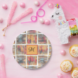 Multicolor Geometric Abstract Stripe Monogram  Paper Plate