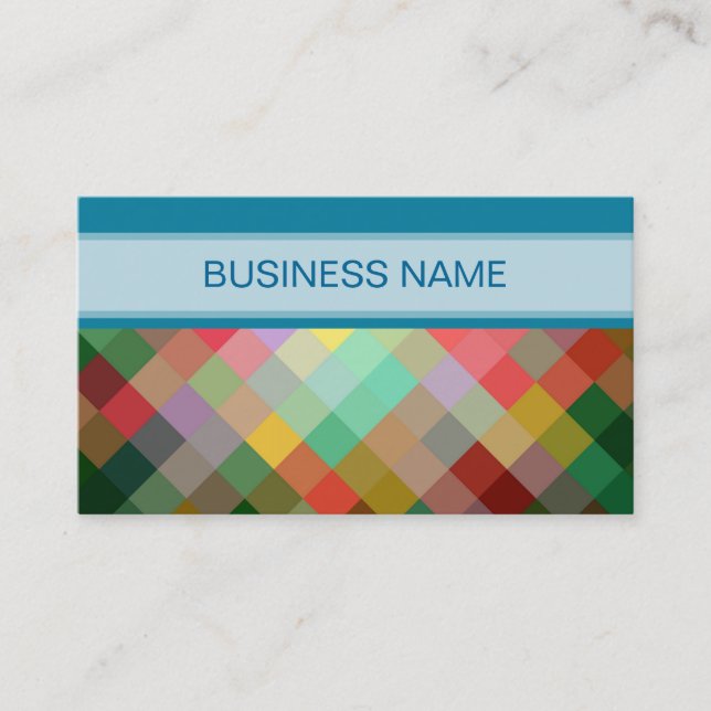 Multicolor Geometric Diamond Pattern | Plain Blue Business Card (Front)