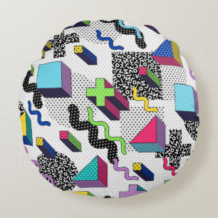 Multicolor geometric shapes, retro pattern. round pillow