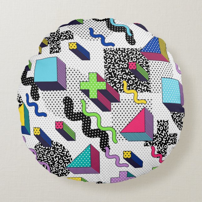 Multicolor geometric shapes, retro pattern. round pillow (Front)