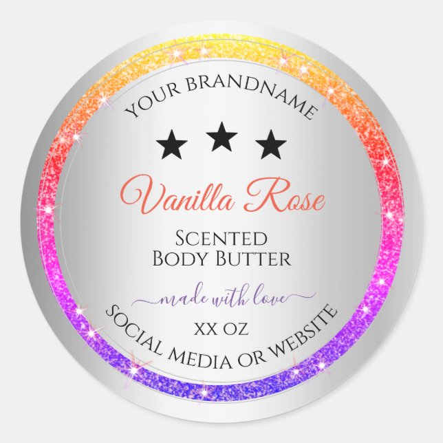Multicolor Glitter Product Packaging Label Silver (Front)
