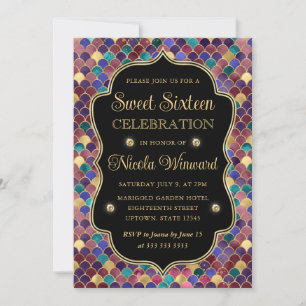 Multicolor Gold Mermaid Scales Frame Sweet 16 Invitation
