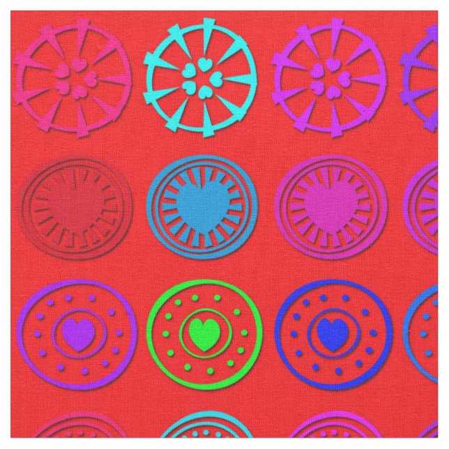Multicolor Heart Circles on Red Fabric (Close Up)