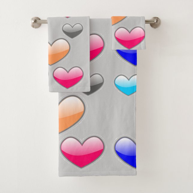 multicolor hearts icons on grey bath towel set (Insitu)
