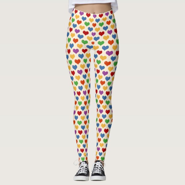 Multicolor hearts rainbow colours all over print leggings (Front)
