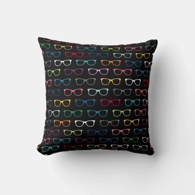 Multicolor HIpster Glasses Pattern Black Throw Pillow (Front)