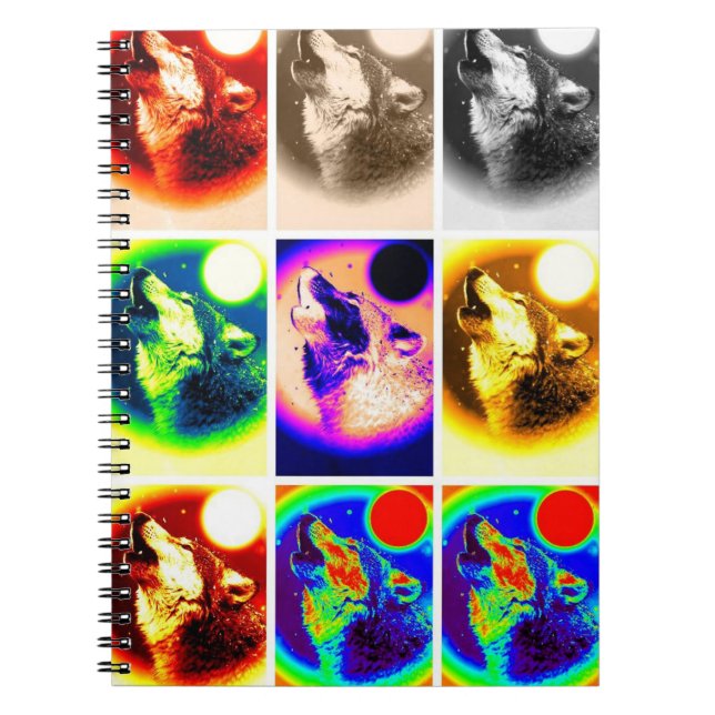 Multicolor Howling Wolf at Moon Pop Art Notebook (Front)