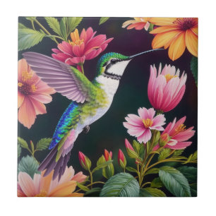 Multicolor Hummingbird Floral Art Tile