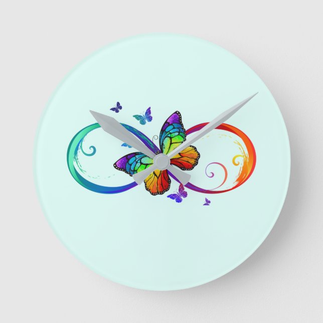 Multicolor Infinity Rainbow Symbol and Butterflies Round Clock (Front)