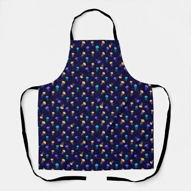 Multicolor jelly fish pattern on blue background apron (Front)