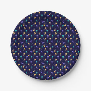Multicolor jelly fish pattern on blue background paper plate