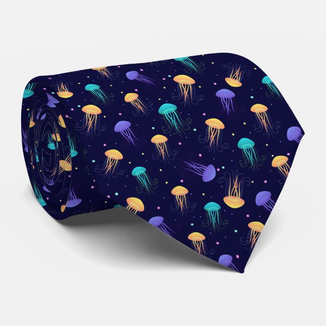 Multicolor jelly fish pattern on blue background tie (Rolled)