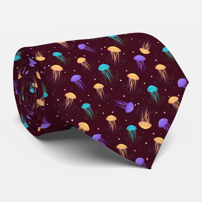 Multicolor jelly fish pattern on maroon background tie (Rolled)